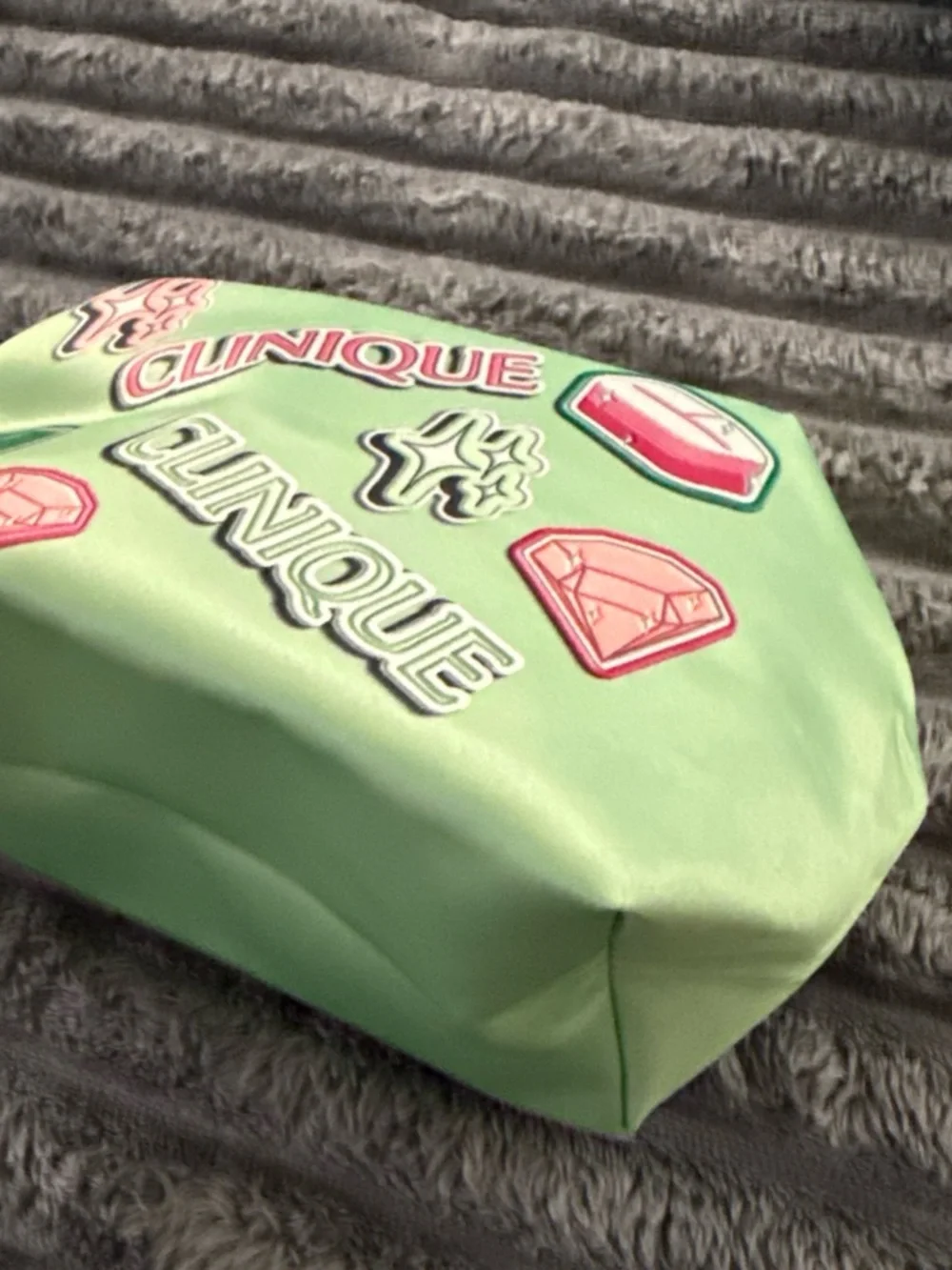 Clinique Mint Green Kids Cosmetic Pouch with Pink Accents and Patch Logos